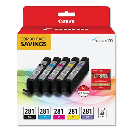 Canon CLI-281 ChromaLife100 Ink/Paper Combo, Black/Blue/Cyan/Magenta/Yellow 2091C006